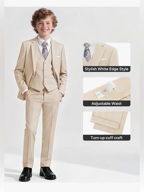 Boys Beige Three-Piece Suit. Blazer, vest, pants, shirt, tie, pocket square, etc